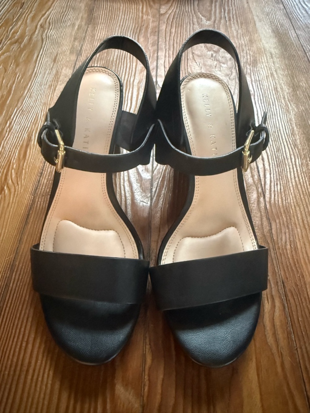 Kelly & Katie Black Open-Toe Slingback Block Heels with Gold Buckles